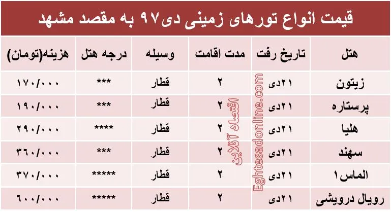 تور زمینی مشهد چند؟