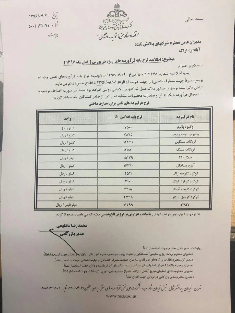 نرخ جدید پایه فرآورده‌های نفتی در بورس در آبان ماه