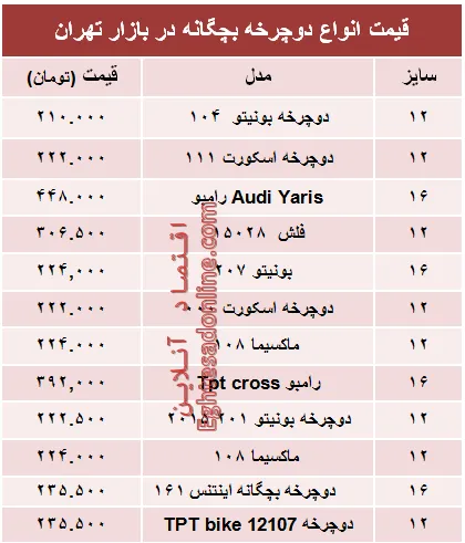 قیمت انواع دوچرخه بچگانه در بازار +جدول