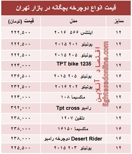 قیمت انواع دوچرخه بچگانه در بازار +جدول