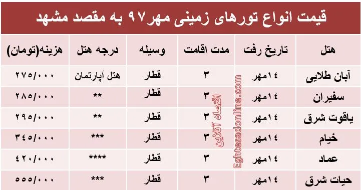 تور زمینی مشهد چند؟