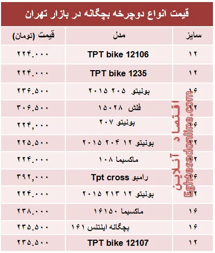 قیمت انواع دوچرخه بچگانه در بازار +جدول