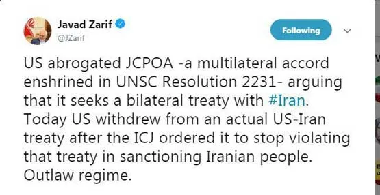 واکنش ظریف به لغو «پیمان مودت»