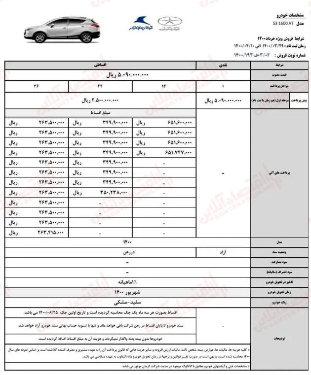 فروش اقساطی جک S3 (تحویل ۳ماهه)