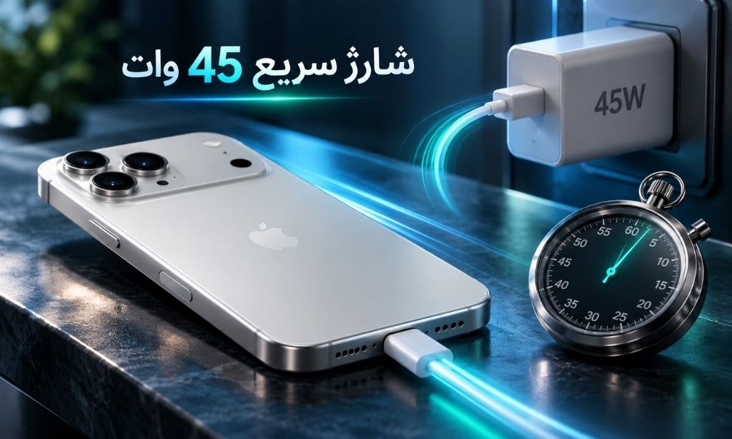 تصویر آیفون ۱۸ پرو مکس نقرهای هنگام شارژ با آداپتور ۴۵ وات، همراه با کورنومتر برای نمایش سرعت شارژ. تصویر آیفون ۱۸ پرو مکس نقرهای هنگام شارژ با آداپتور ۴۵ وات، همراه با کورنومتر برای نمایش سرعت شارژ.