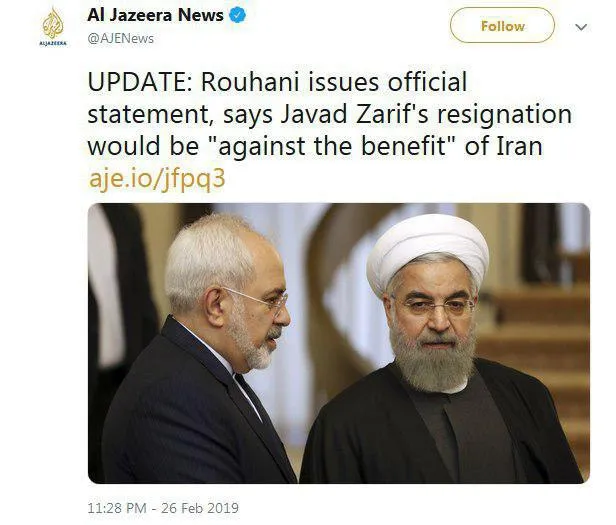 مخالفت با استعفای ظریف یکی از اخبار مهم رسانه‌های دنیا