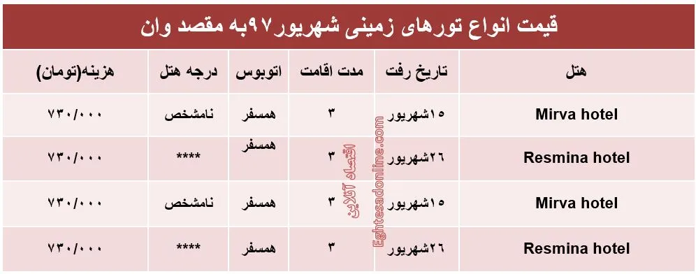هزینه سفر زمینی به وان در شهریورماه۹۷ +جدول