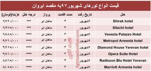 هزینه سفر به ایروان در شهریورماه ۹۷ +جدول