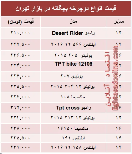 قیمت انواع دوچرخه بچگانه در بازار +جدول