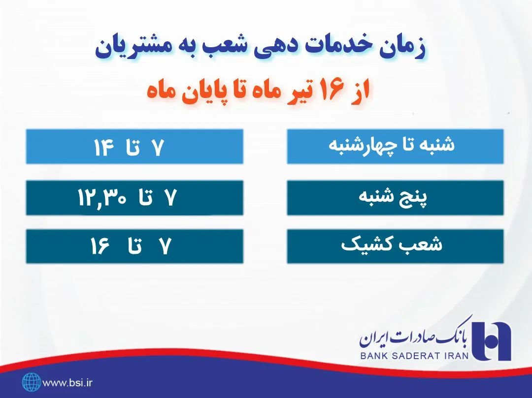 ​خدمت به مشتریان در بانک صادرات ایران از ٧ صبح آغاز می‌شود