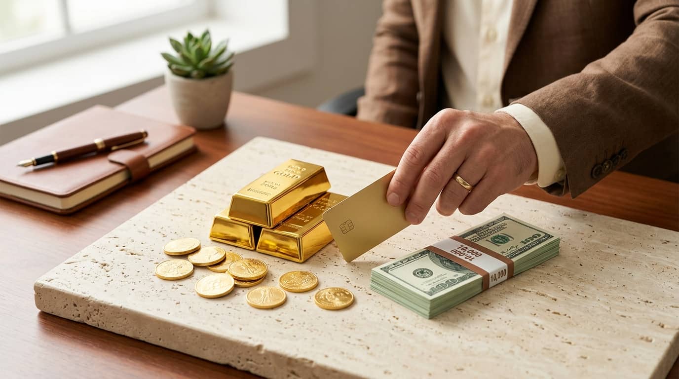 یک آقا در حال دادن کارت اعتباری خود و مقداری پول برای خرید چند سکه و شمش طلا یک آقا در حال دادن کارت اعتباری خود و مقداری پول برای خرید چند سکه و شمش طلا