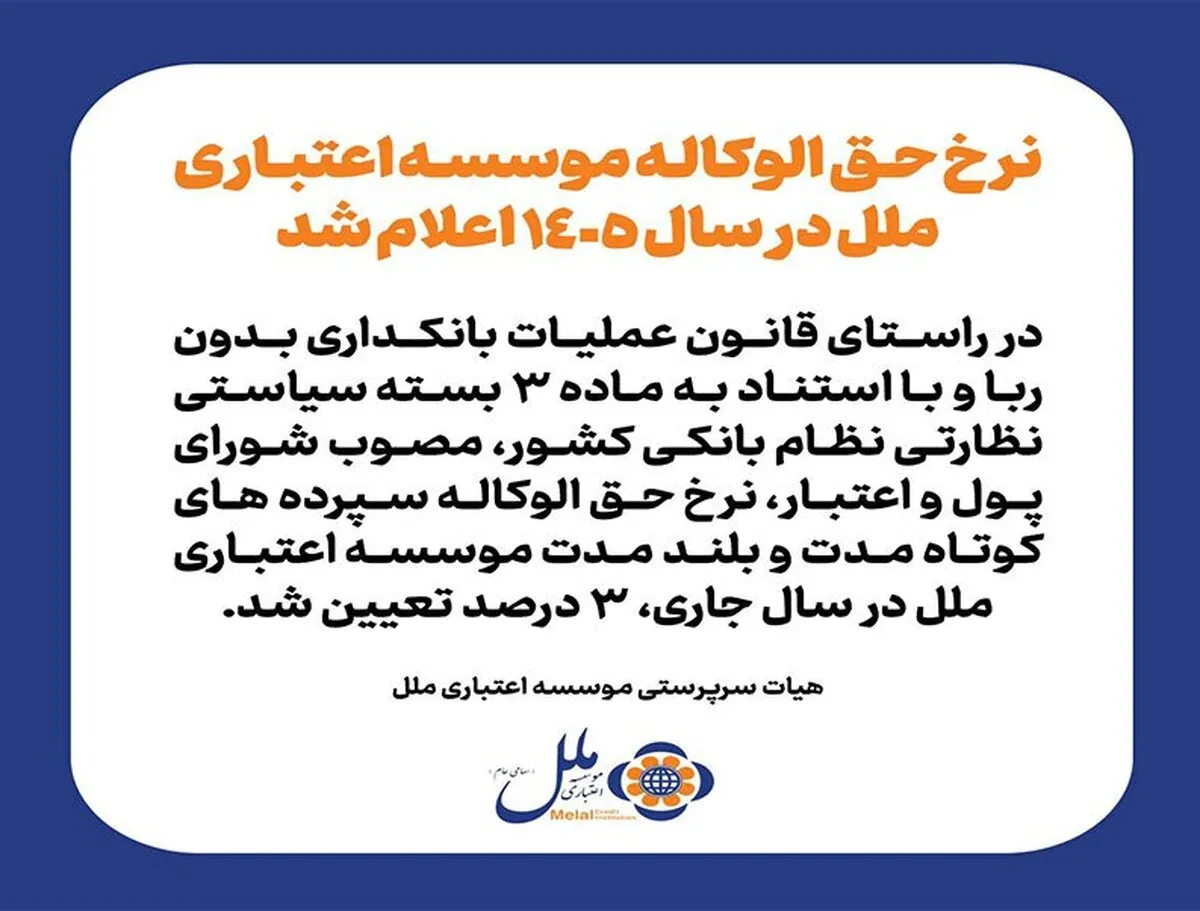 نرخ حق الوکاله موسسه اعتباری ملل در سال ۱۴۰۵ اعلام شد